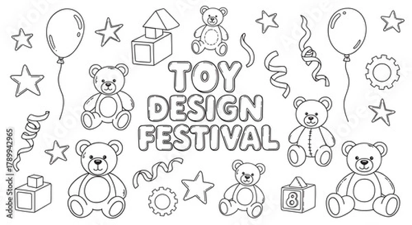 Fototapeta Hand drawn set of children's toys for a design festival or celebration. Outline icons of teddy bears, balloons, and blocks for coloring pages or party invitations