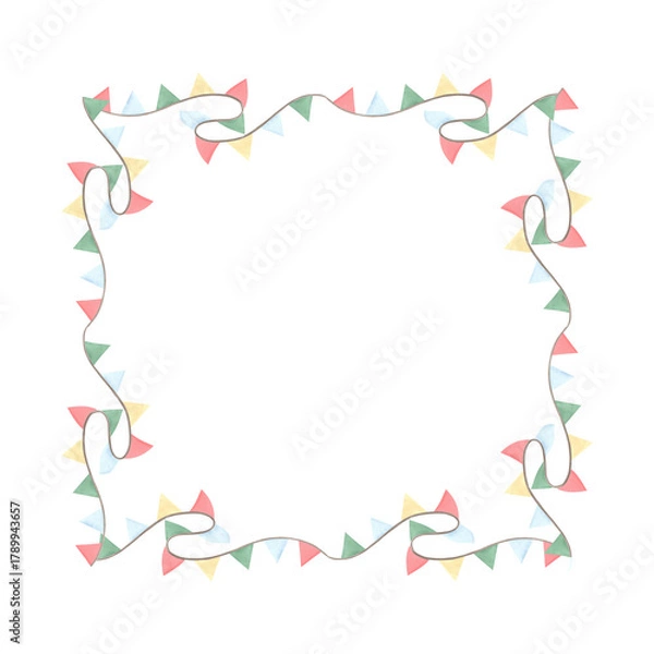 Fototapeta Frame from garland of paper flags on string watercolor illustration. Hand drawn isolated colorful festive pennants hanging. Greeting card, winter holiday template with copy space for packaging, print.