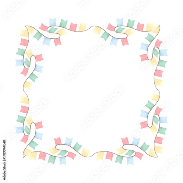 Fototapeta Frame from garland of paper flags on string watercolor illustration. Hand drawn isolated colorful festive pennants hanging. Greeting card, winter holiday template with copy space for packaging, print.