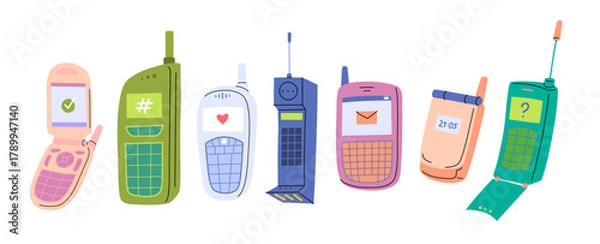 Fototapeta Cartoon Color Different Retro Mobile Phones Set Nostalgia Concept Flat Design Style with Elements Thin Line. Vector illustration