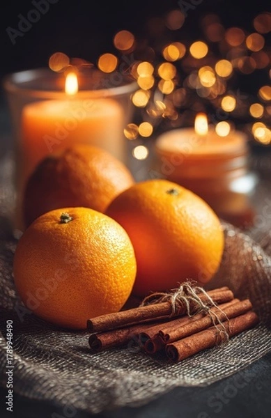 Fototapeta Oranges and cinnamon with candlelight