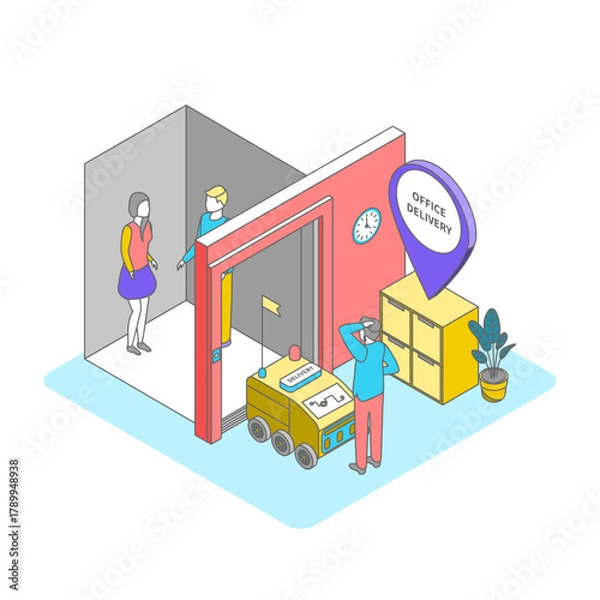 Fototapeta Cartoon Color Robot Car in Office Fast Delivery Service Concept 3d Isometric View Line Elements. Vector illustration