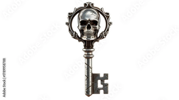 Obraz Ornate antique key with skull motif isolated on transparent background