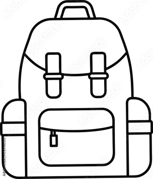 Fototapeta Backpack with Travel Gear Minimal Line Art Vector Illustration Isolated on White Background