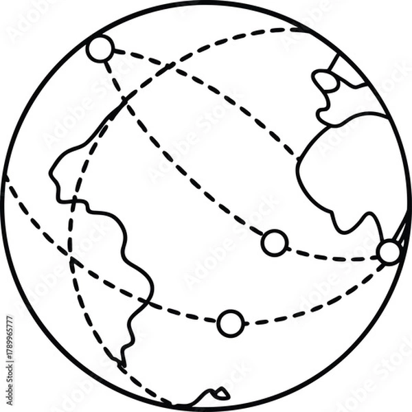 Fototapeta Globe with Travel Routes and Dotted Lines Minimal Line Art Vector Illustration
