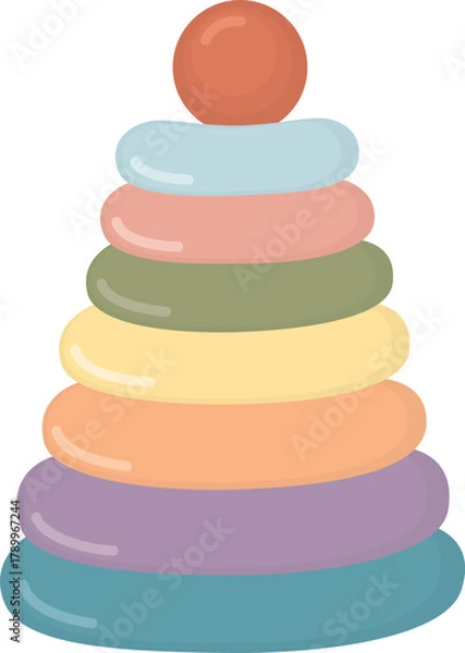 Fototapeta Illustration of classic children's toy with multicolored rings arranged by size. Bright pyramid isolated on white background