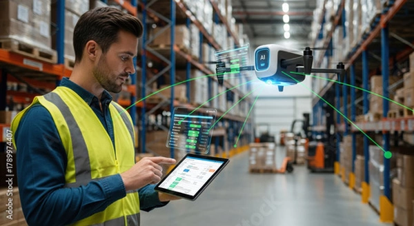 Obraz Focused male business agent manages warehouse inventory using advanced ai technology. flying drone scans packages for modern logistics operation controlled by tablet