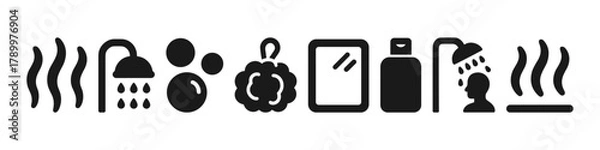 Obraz Bathroom symbols shower, bubbles, toilet, mirror, shampoo, steam icons