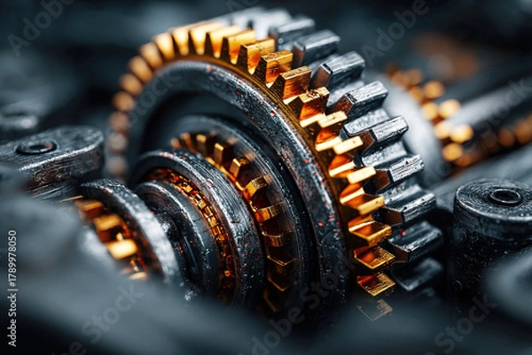 Fototapeta Close examination of a mechanical gear system featuring flywheels pistons and springs