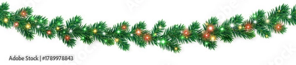 Fototapeta Seamless colorful Christmas garland of fir branches with red, green, and yellow lights. Perfect glowing border for Christmas tree decorations. Transparent background in vector file.