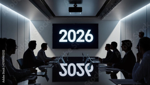Fototapeta Business meeting in modern conference room focuses on strategic planning for 2026