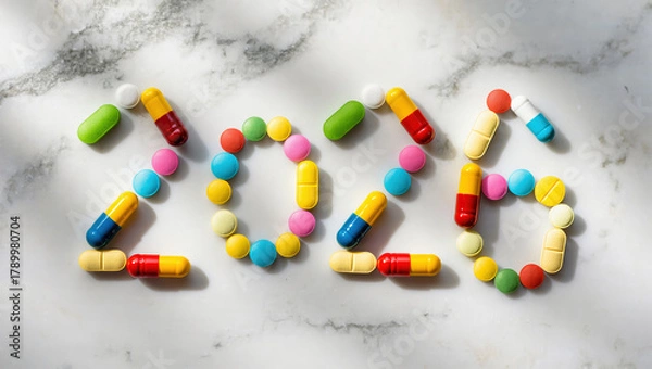 Fototapeta Colorful pills forming the year 2026 on marble background