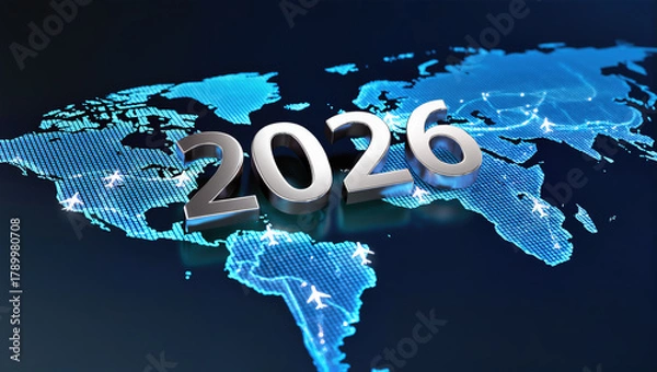 Fototapeta Futuristic 2026 world map with global airplane travel routes highlighted in blue