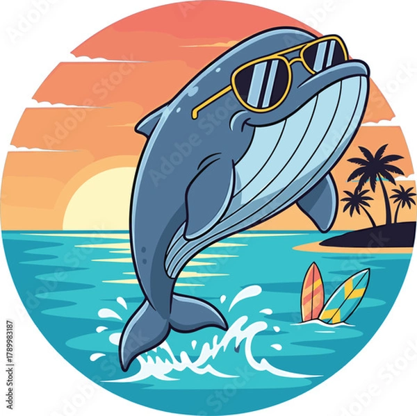 Fototapeta Cool cartoon whale jumping over surfboards at a sunset beach with palm trees. A vibrant, retro-style graphic perfect for beach lovers, summer, and marine life themes.