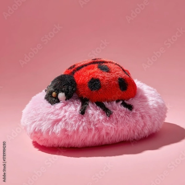 Fototapeta Plush ladybug rests on a fuzzy pink cushion against a solid pink background.