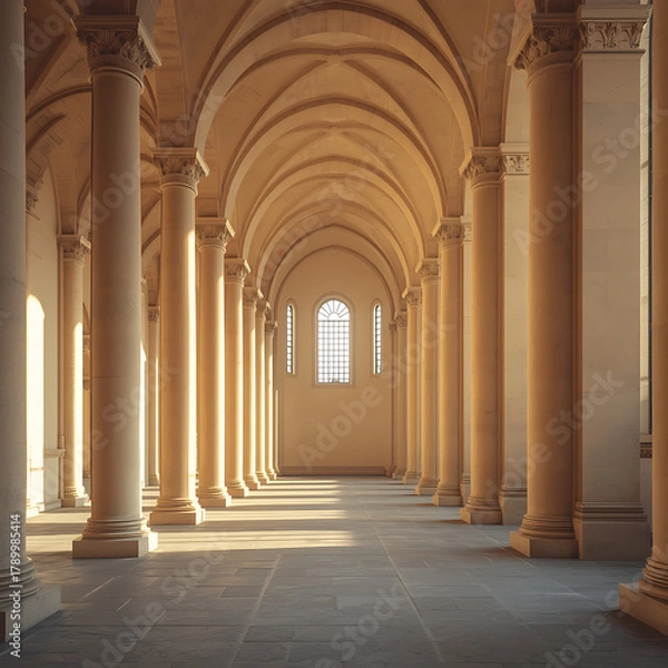 Fototapeta Sunlit hallway characterized by arched stone columns and a vaulted ceiling.