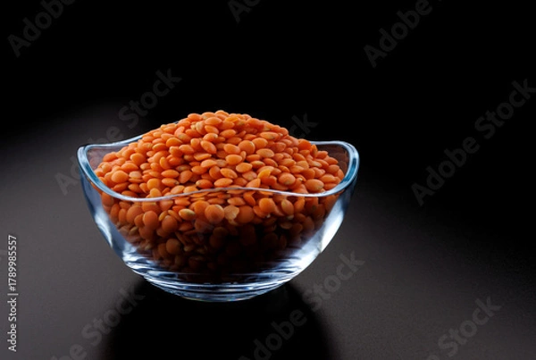 Fototapeta Red lentils in a transparent glass cup on a black background. Side view. Beautiful highlights on the black background.