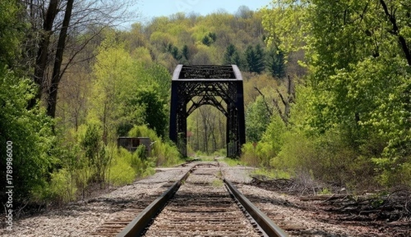 Obraz Train tracks lead to an old metal bridge surrounded by lush green trees.