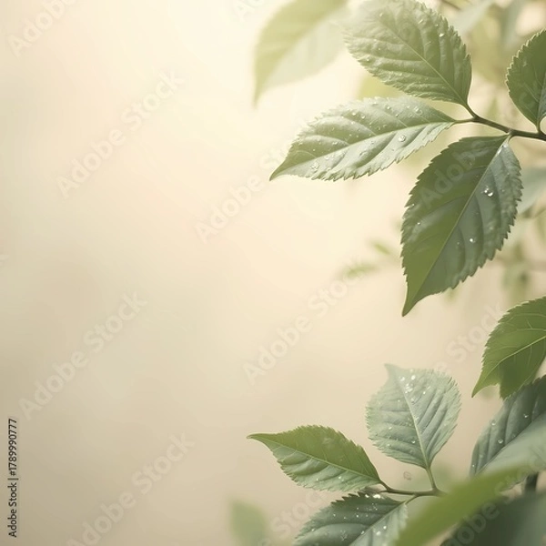 Fototapeta Fresh green leaves with water droplets on soft blurred background  