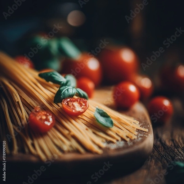 Obraz Spaghetti and fresh tomatoes with basil leaves on a wooden board.