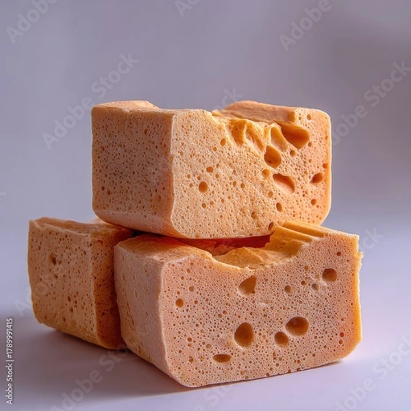 Obraz Stacked porous organic sponges sit on a clean surface.