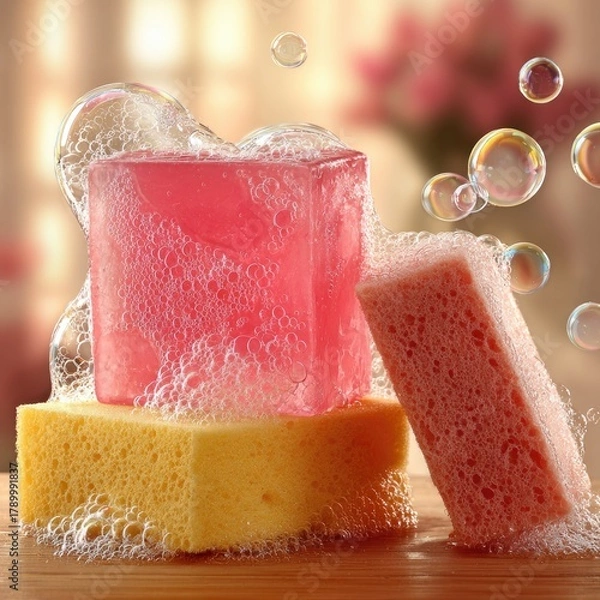 Fototapeta Pink soap bar and sponges lathered with bubbles on a wooden surface.