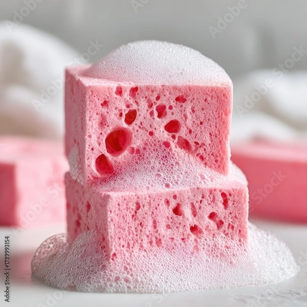 Obraz Pink sponges are stacked and covered in refreshing foam.