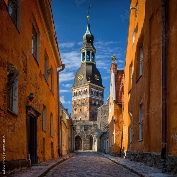 Obraz Old cobblestone street leads to a medieval clock tower under blue sky.