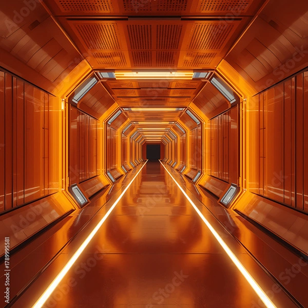 Fototapeta Futuristic orange corridor architectural design render showcases a modern and innovative approach to interior space, emphasizing bold color choices and cutting-edge design elements.