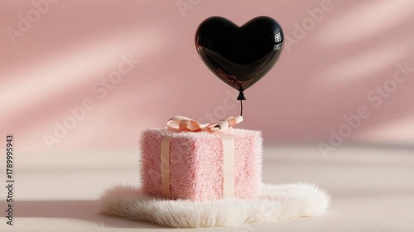 Fototapeta Minimal composition with fluffy pink gift box and floating black heart balloon on soft pastel background perfect for valentine day banners love design and celebration visuals