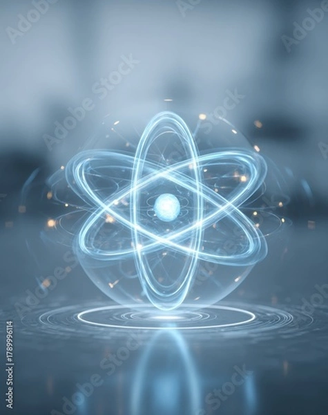 Fototapeta Glowing blue atomic structure floating above surface symbol of energy science and innovation ideal for technology backgrounds and futuristic concept visuals