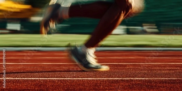 Fototapeta Close up of athlete running on red track with motion blur dynamic sport concept perfect for speed training advertising and active lifestyle visuals