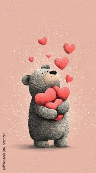 Fototapeta Cute teddy bear holding red hearts surrounded by floating heart shapes on pastel background symbolizing love kindness and affection for valentine themed visuals