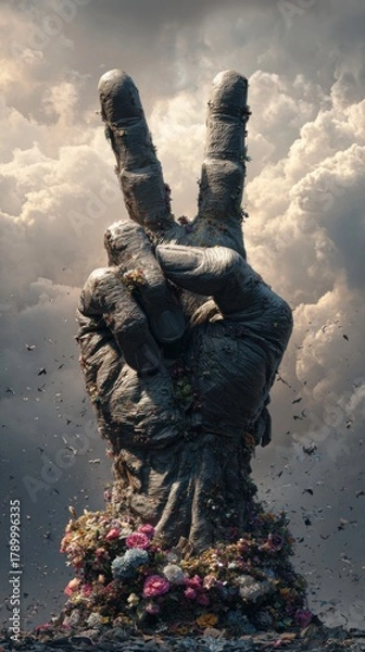 Fototapeta Giant stone hand forming peace sign rising from earth surrounded by clouds and flowers symbolizing unity hope and environmental awareness in surreal style