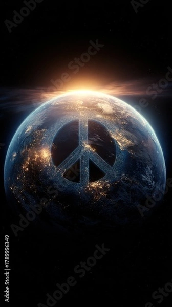 Fototapeta Planet Earth glowing in space with peace symbol illuminated by sunrise representing unity global hope and environmental awareness in futuristic concept