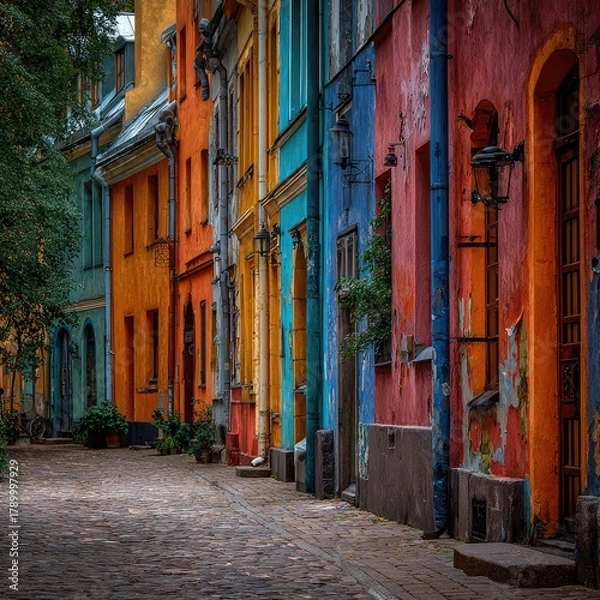Obraz Colorful old buildings line a cobblestone street on a cloudy day.