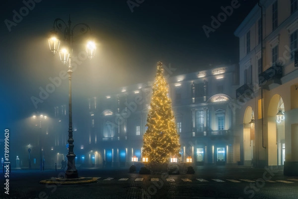 Obraz A brightly lit Christmas tree stands in a foggy, empty city square in Asti, Italy.