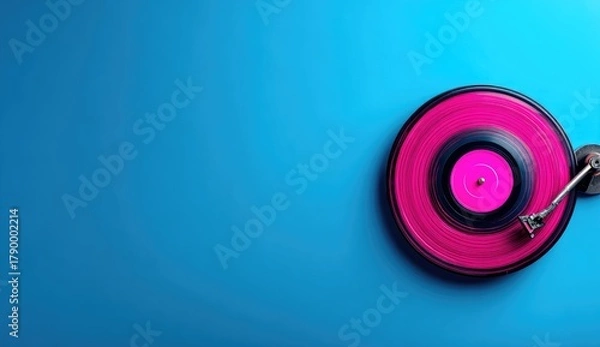 Fototapeta Bright pink record spins on turntable against a vibrant blue background.