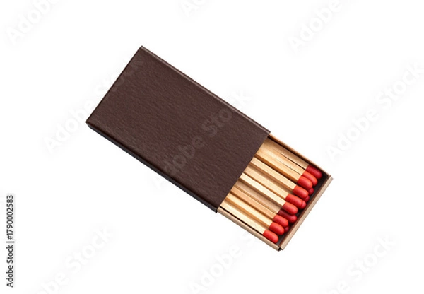 Fototapeta Brown matchbox with red-tipped wooden matches visible inside, partially opened sleeve showing match heads in neat row, isolated on a transparent background