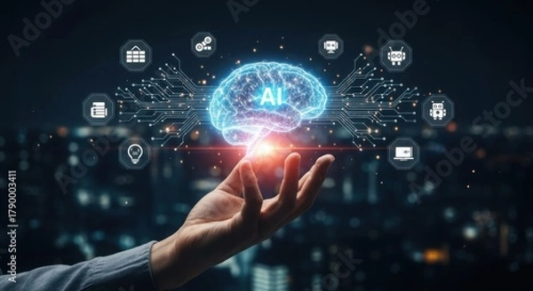 Fototapeta Artificial intelligence digital brain concept held by hand, tech icons, cityscape