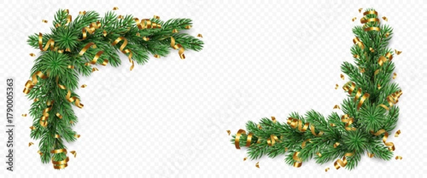Fototapeta Vector realistic pine tree branches with golden confetti and ribbons isolated on a transparent background. Holiday Christmas tree garland for winter decoration banner, poster, greeting card.