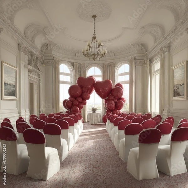 Obraz Elegant room decorated with heart balloons and seated chairs awaits guests.