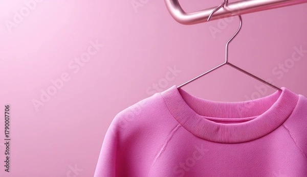 Obraz Pink sweater hangs on a metallic hanger against a pastel pink background.