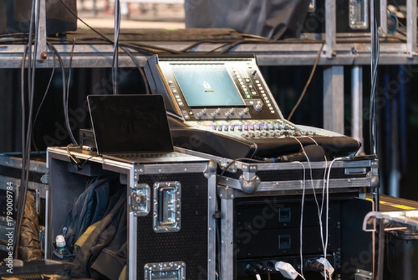 Fototapeta Sound and lighting engineers equipment set up in a concert venue before the show, ready for managing audio and visual effects during the performance