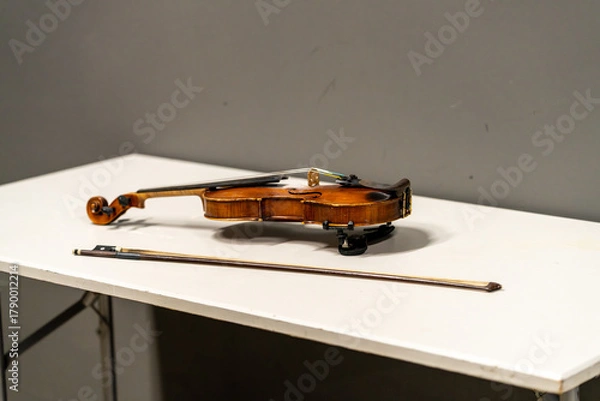 Fototapeta Violin resting on a table before the show, prepared for a live concert performance or musical rehearsal backstage