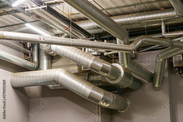 Fototapeta Large industrial ventilation pipes installed under the venue ceiling to provide air circulation and temperature control during concerts and events