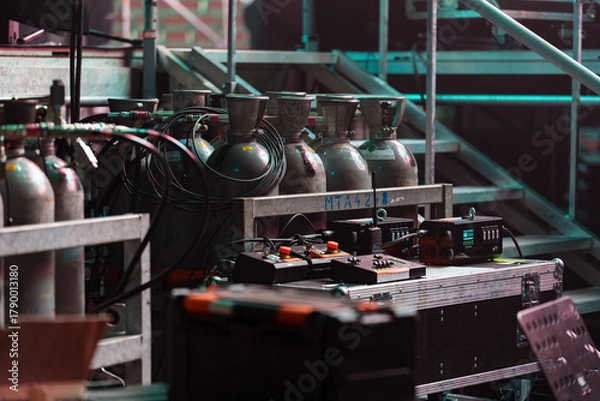 Fototapeta CO2 canisters and related equipment stored backstage for stage and special effects during live concerts and performances