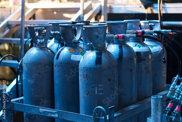 Fototapeta CO2 canisters and related equipment stored backstage for stage and special effects during live concerts and performances