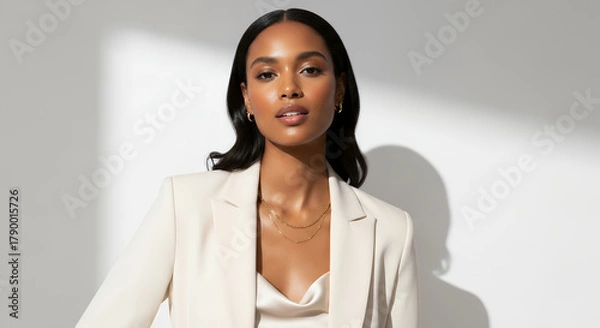 Obraz Mixed-race woman with smooth dewy skin and minimal glam makeup wearing a modern fashionable outfit, posing confidently in a clean studio with soft shadows and a refined fashion-beauty editorial style
