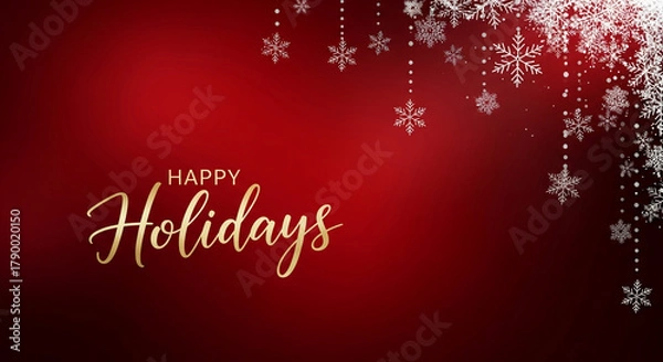 Fototapeta Red background with white snowflake and dot decoration, golden "Happy Holidays" text, festive and elegant, representative of winter holiday season